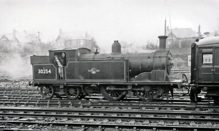 On Friday, 19th April 1963, Bournemouth Central station pilot ex-LSWR Drummond M7 class no.30254 (built August 1897, withdrawn May 1964) is seen attached to a Gresley LNER coach.
© Ben Brooksbank (CC-by-SA/2.0)

