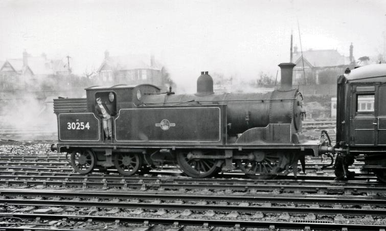 On Friday, 19th April 1963, Bournemouth Central station pilot ex-LSWR Drummond M7 class no.30254 (built August 1897, withdrawn May 1964) is seen attached to a Gresley LNER coach.
 Ben Brooksbank (CC-by-SA/2.0)
