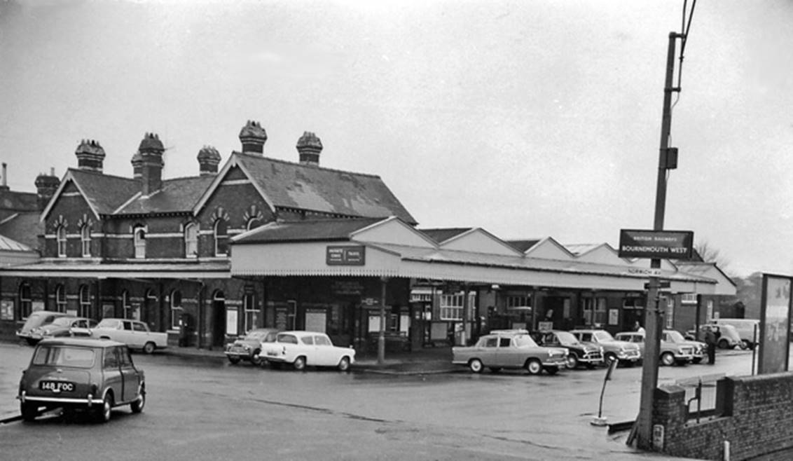Exterior of Bournemouth West Station on 20th April 1963 - view north-west shewing road approach and entrance to the terminus.
© Ben Brooksbank (CC-by-SA/2.0)
