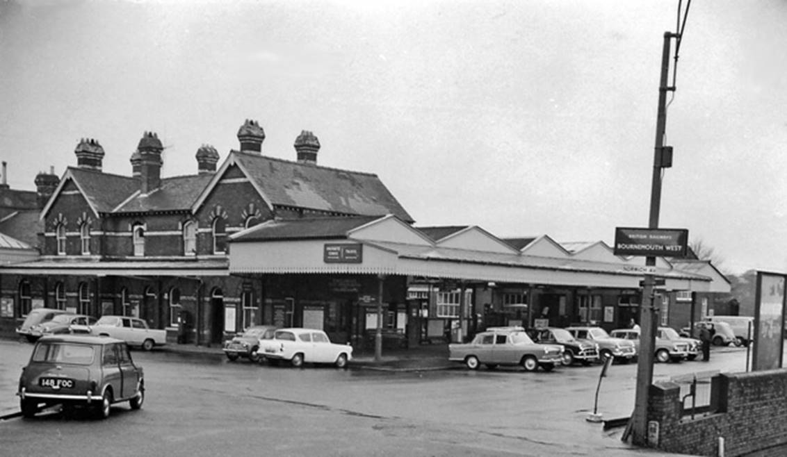 Exterior of Bournemouth West Station on 20th April 1963 - view north-west shewing road approach and entrance to the terminus.
 Ben Brooksbank (CC-by-SA/2.0)
