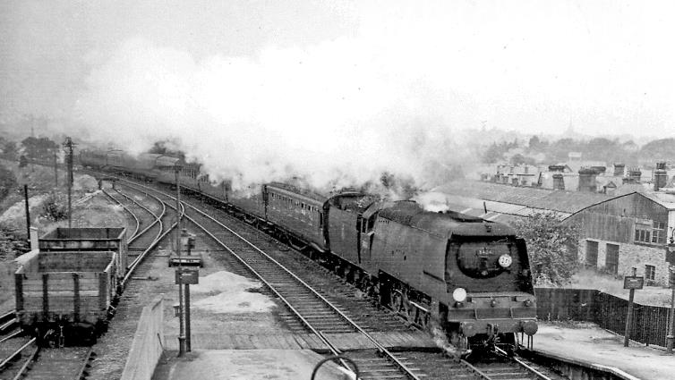 The 1.50pm Summer-Saturday Dorchester South to Waterloo at Parkstone on 5th July 1958 has Bulleid Light Pacific no.34041 'Wilton' (built October 1946 as no.21C141, renumbered January 1949, withdrawn in air-smoothed condition January 1966).
  Ben Brooksbank (CC-by-SA/2.0)
